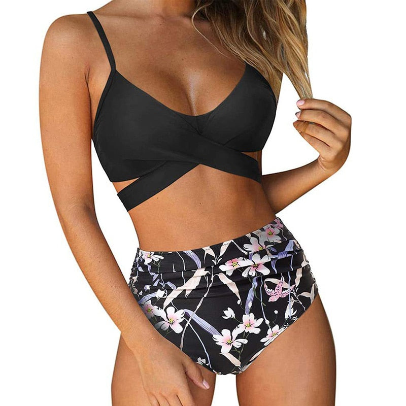Bikini Z Wysokim Stanem | Strój Kąpielowy Dwuczęściowy Krzyżowany-Women Swimsuit-Polizatto