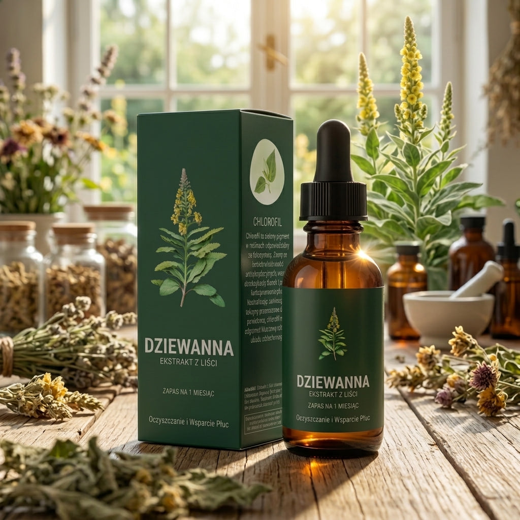Bezglutenowa nalewka z dziewanny z chlorofilem na wsparcie dróg oddechowych i detoks | Styllux